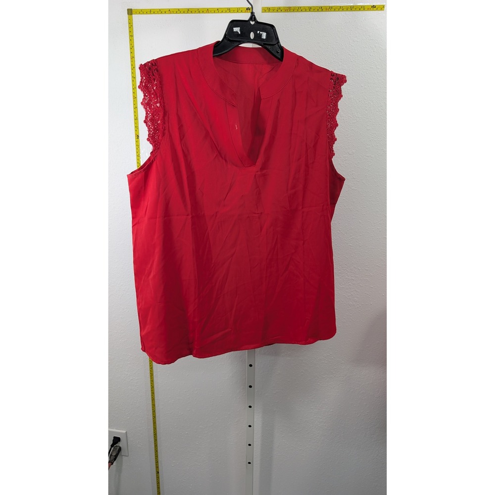 Lyaner Red Sleeveless Lace Trim Split V-Neck Blouse Top Large